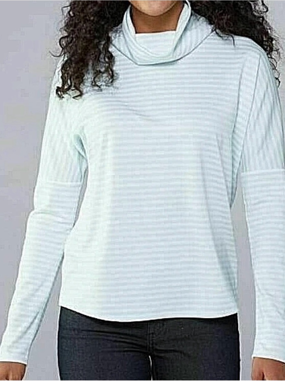 oiselle Pale Blue and White Striped Cowl Neck Sweatshirt
